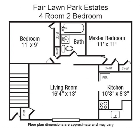 Floor plan for 2 beds, 1 bath